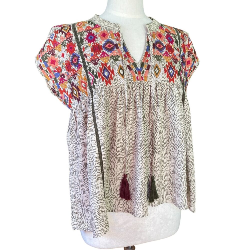 THML Embroidered Boho Tank Top Tassel Tie Southwestern Festival Boho-S